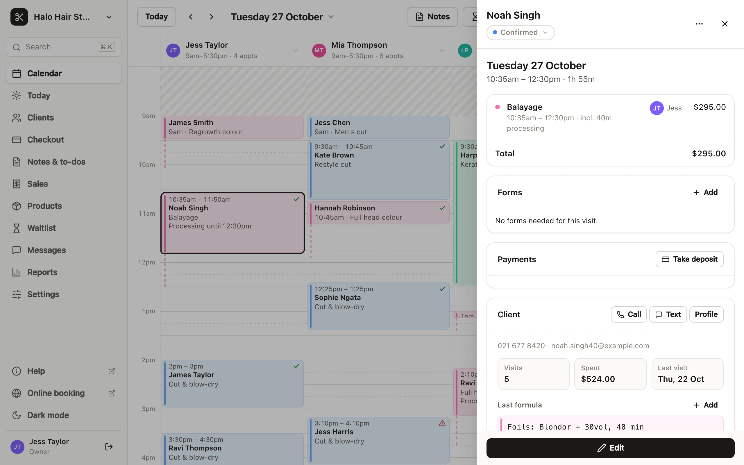 An appointment open beside the calendar: the client's name and status, the date and time, its service with the stylist and price, then Forms, Payments with Take deposit, and the client's card with Call, Text, Profile, their visits, spend, last visit and last formula. Edit is at the bottom.