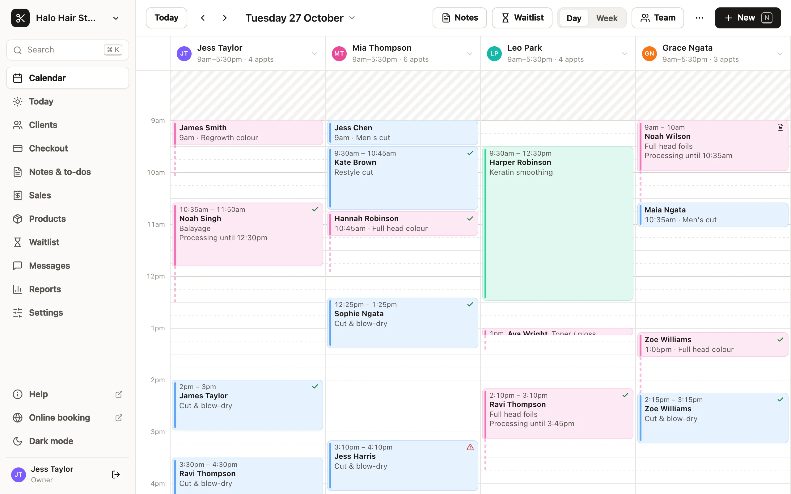 The calendar's day view: the toolbar with Today, the date, Notes, Waitlist, Day and Week, Team and New, then a column for each of four team members, with appointments coloured by service and shading before opening.