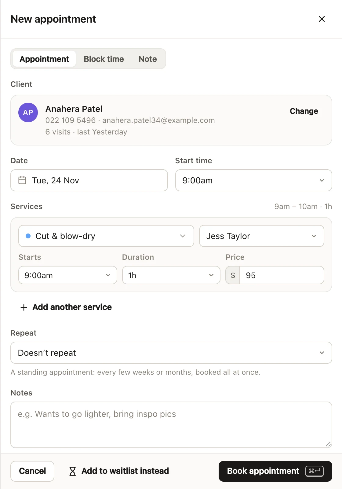 New appointment, filled in: the client, the date and start time, a Cut & blow-dry with its team member, start, duration and price, Add another service, Repeat and Notes, with Cancel, Add to waitlist instead and Book appointment at the bottom.