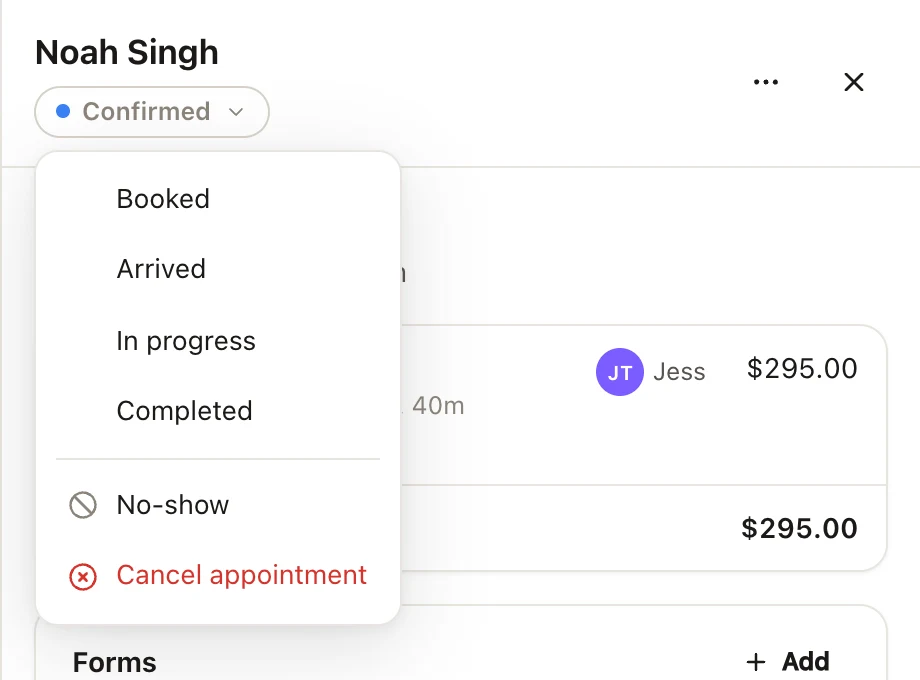 An open appointment with its status list showing: Booked, Arrived, In progress and Completed, then No-show and Cancel appointment.