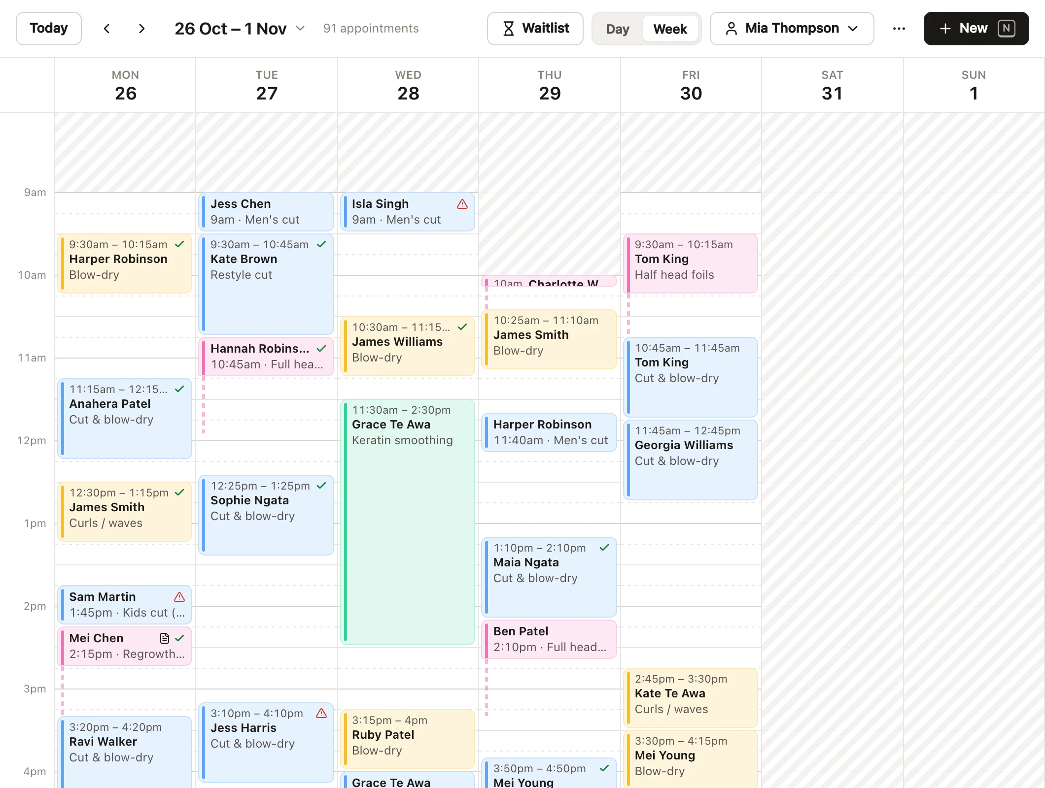 One team member's week: seven days from Monday to Sunday side by side, their appointments in each, and their days off shaded.