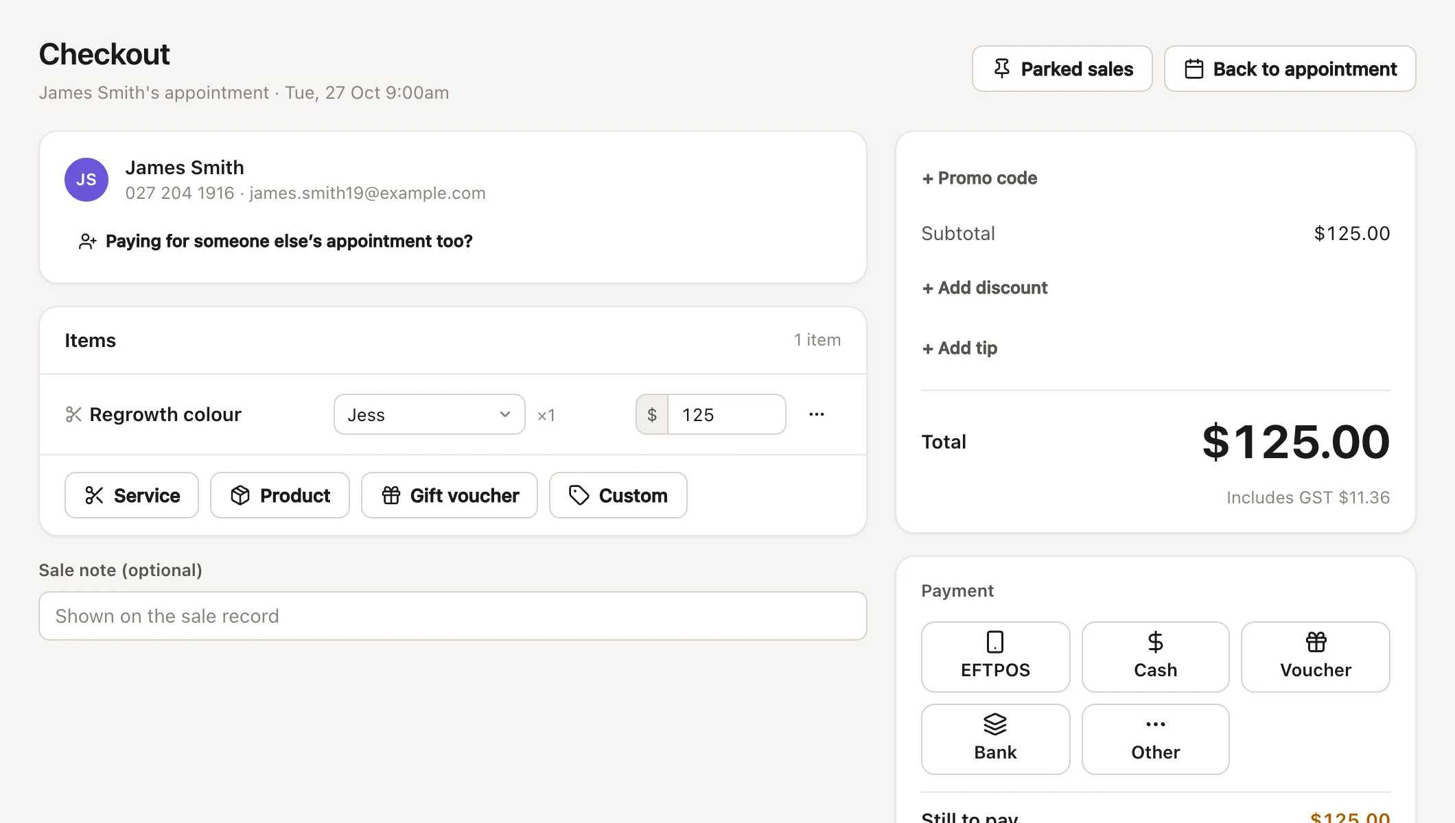 Checkout for an appointment: the client, the service with its stylist and price, buttons to add a service, product, gift voucher or custom item, the total with the GST it includes, and the ways to pay: EFTPOS, Cash, Voucher, Bank and Other.