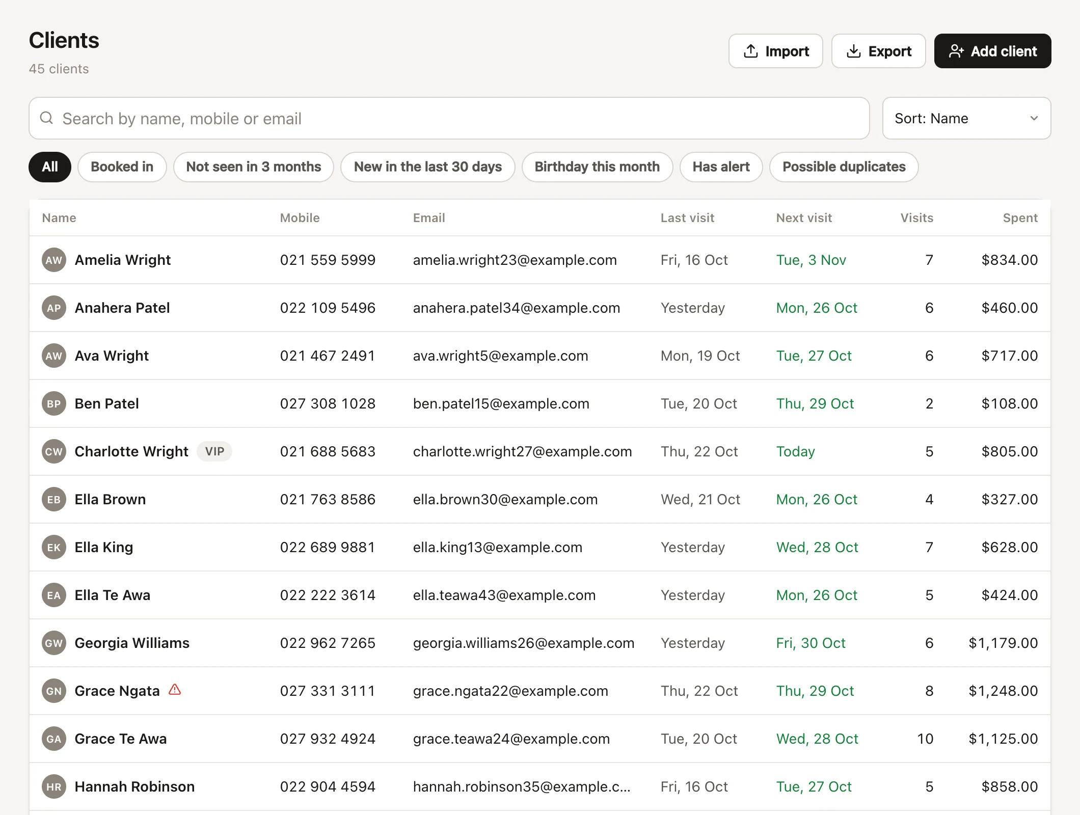 The client list: the search box, Sort, the filters (All, Booked in, Not seen in 3 months, New in the last 30 days, Birthday this month, Has alert, Possible duplicates), then a row for each client with their name, mobile, email, last and next visit, visits and spend.