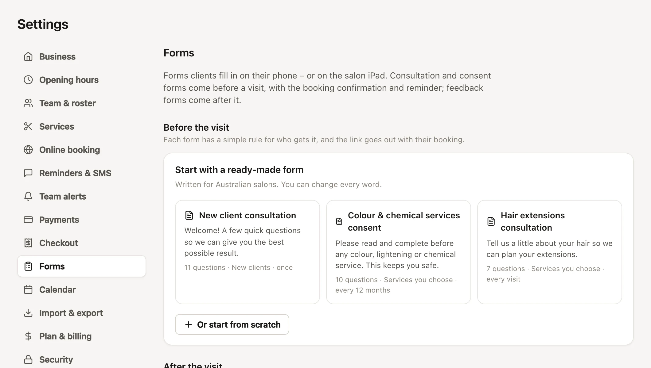 Settings → Forms before any consultation forms are made: Start with a ready-made form, with cards for New client consultation, Colour & chemical services consent and Hair extensions consultation, and Or start from scratch.