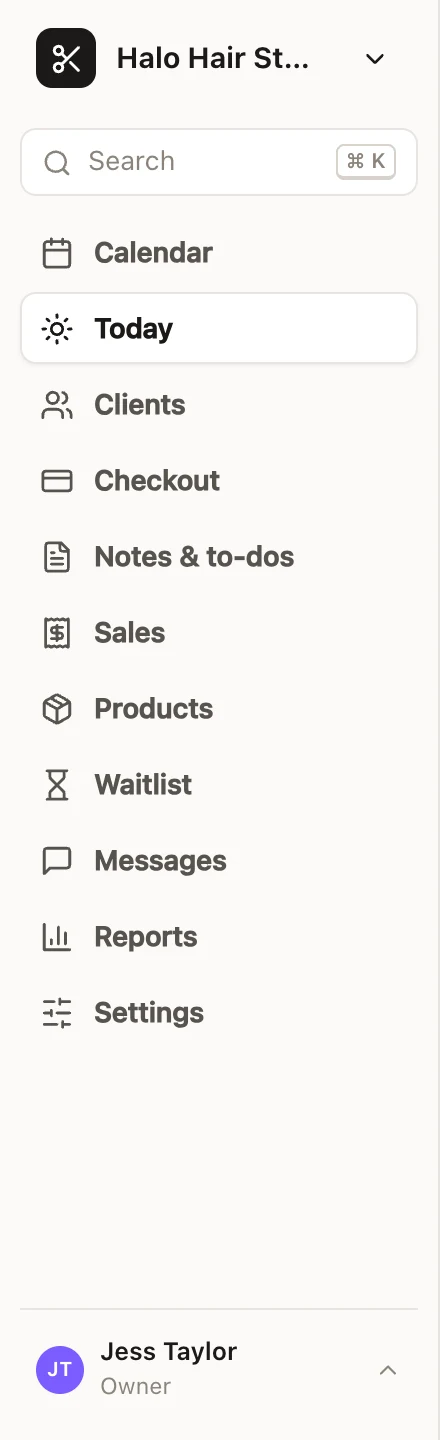 The staff app's menu: the salon's name at the top, Search, then Calendar, Today, Clients, Checkout, Notes & to-dos, Sales, Products, Waitlist, Messages, Reports and Settings, with the signed-in team member at the bottom.
