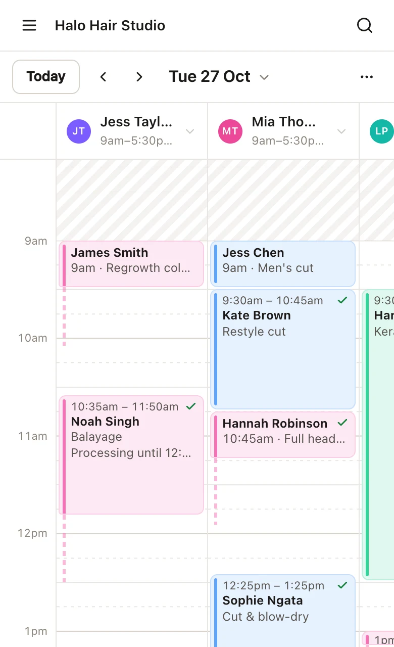 The day view on a phone: Today, the arrows and the date across the top, each team member's column side by side, and Calendar, Today, Clients, Checkout and More along the bottom.
