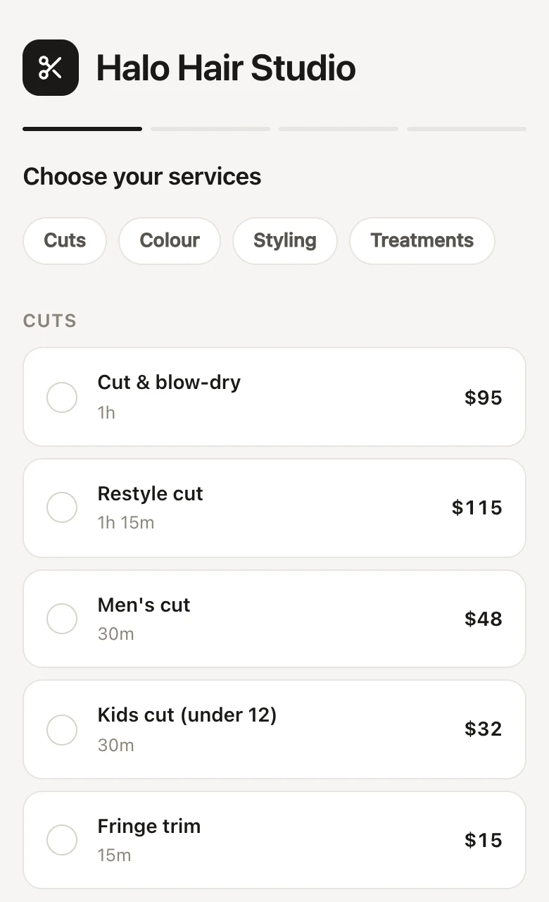 The booking page on a phone, at Choose your services: the salon's name and logo, buttons for each category, then each service with its length and price.