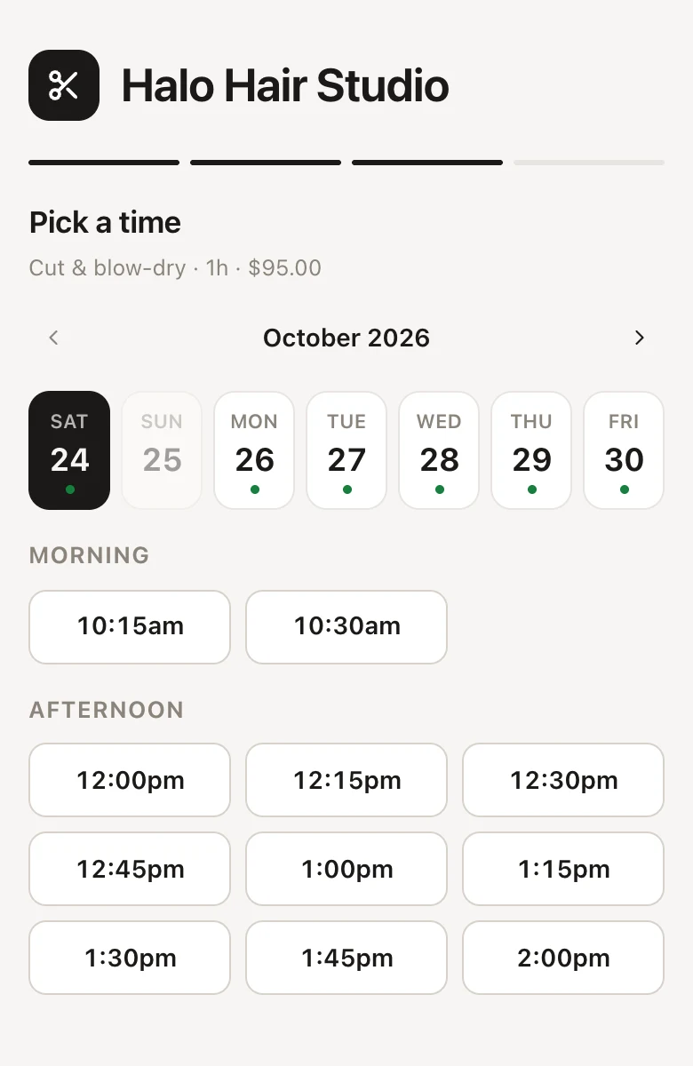 Pick a time on a phone: the service, its length and price, a week of days with Sunday greyed out, then the day's free times under Morning and Afternoon.