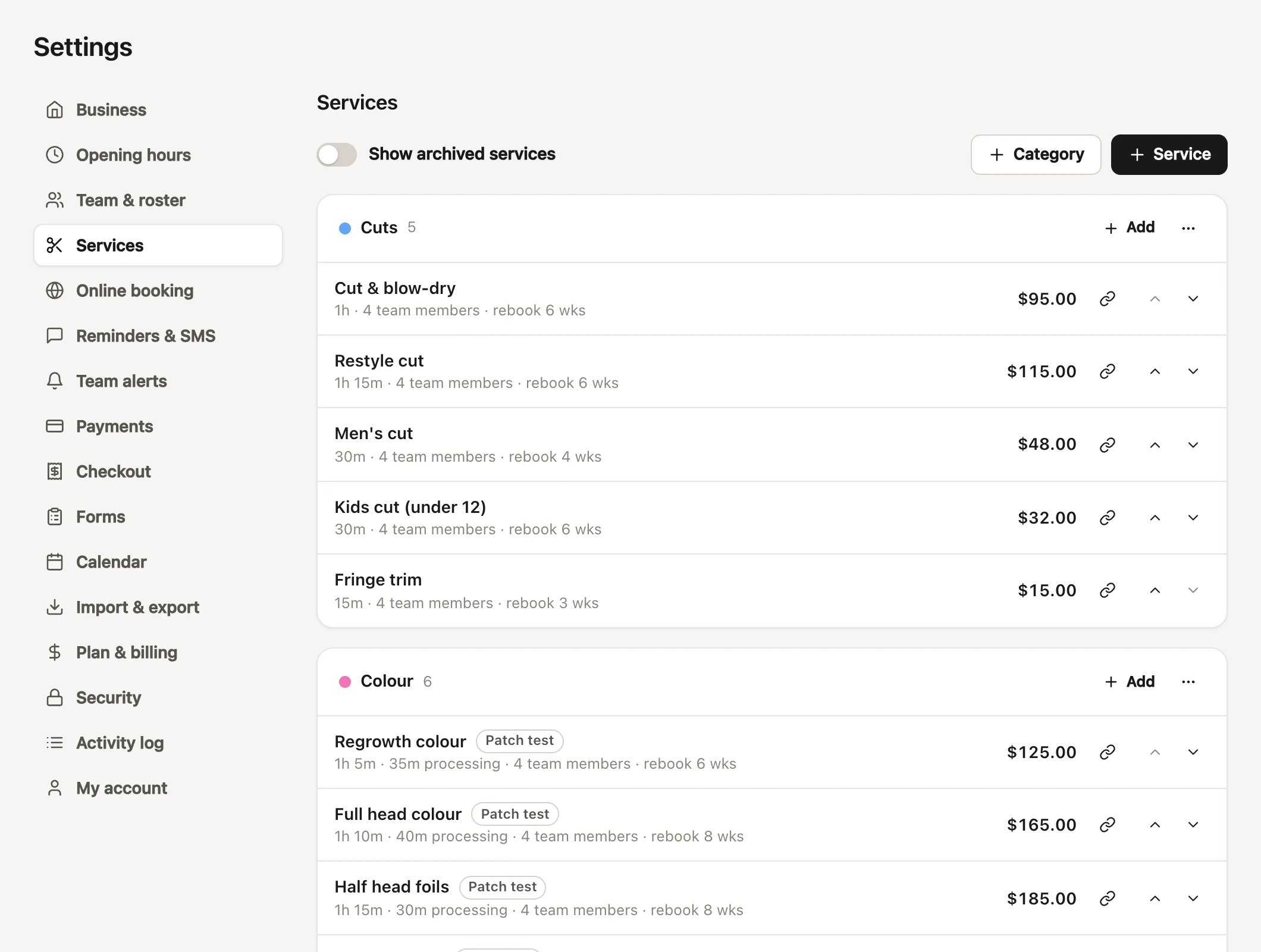 Settings → Services: Category and Service buttons, then each category with its services, showing their length, processing time, how many team members do them, when to rebook, a Patch test badge where one's needed, and the price.